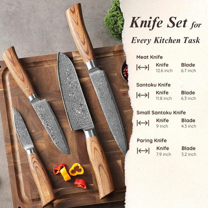 EDIB 4-Piece Damascus Kitchen Knife Set, Elegant Wooden Gift Box
