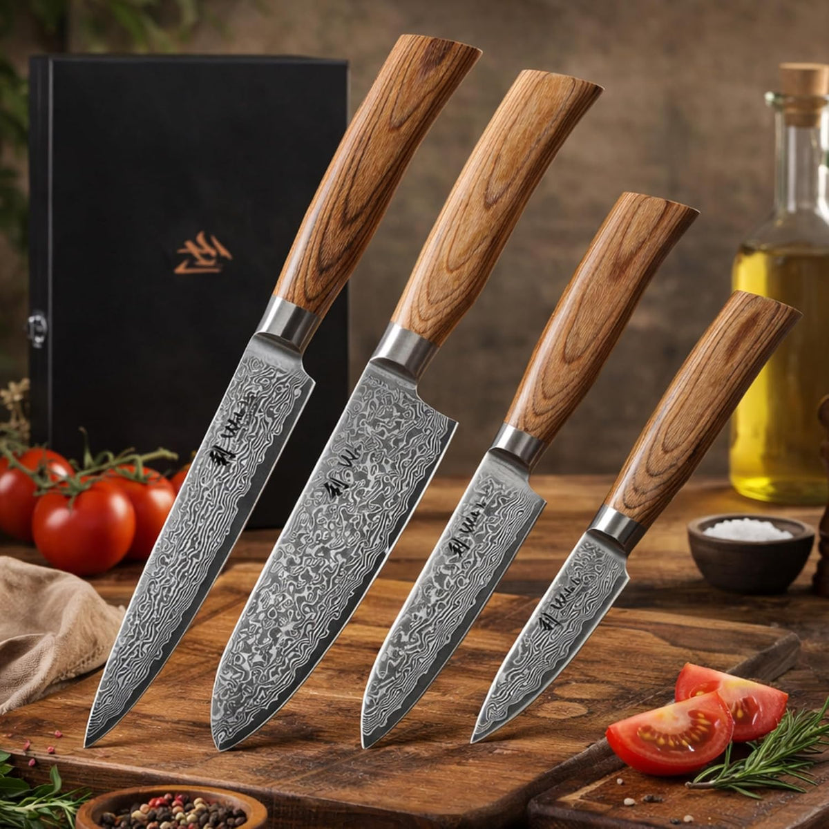 EDIB 4-Piece Damascus Kitchen Knife Set, Elegant Wooden Gift Box