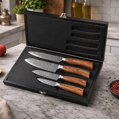 EDIB 4-Piece Damascus Kitchen Knife Set, Elegant Wooden Gift Box