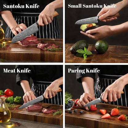 EDIB 4-Piece Damascus Kitchen Knife Set, Elegant Wooden Gift Box