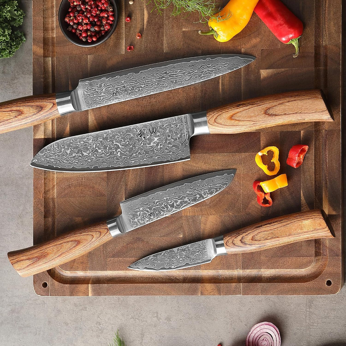 EDIB 4-Piece Damascus Kitchen Knife Set, Elegant Wooden Gift Box