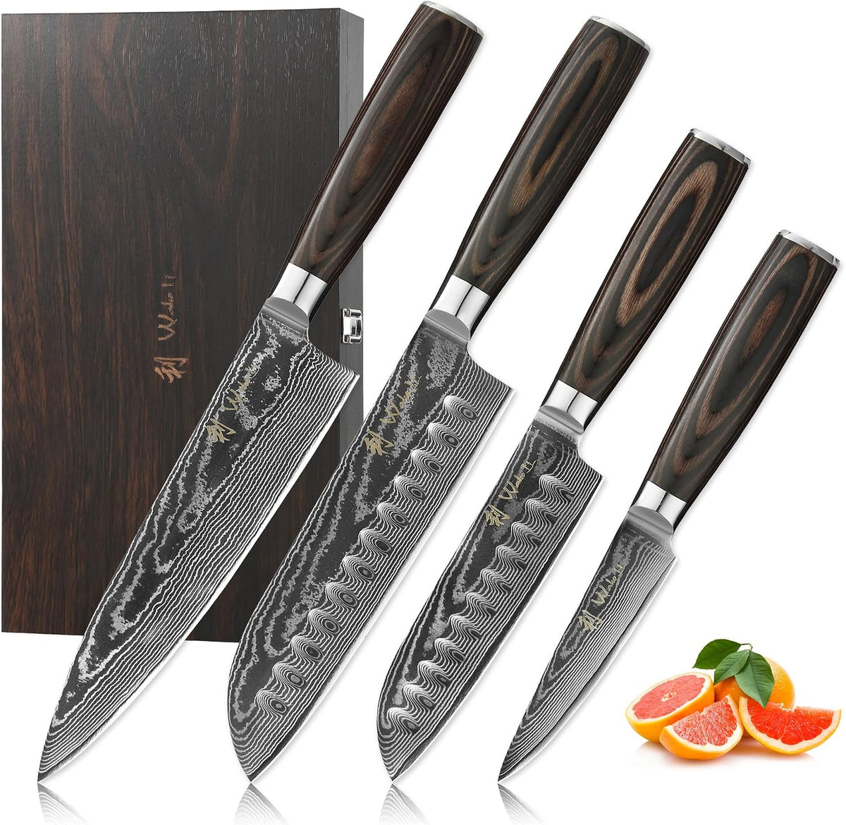 EDIB 4-Piece Damascus Kitchen Knife Set, Elegant Wooden Gift Box