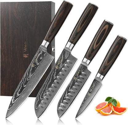 EDIB 4-Piece Damascus Kitchen Knife Set, Elegant Wooden Gift Box