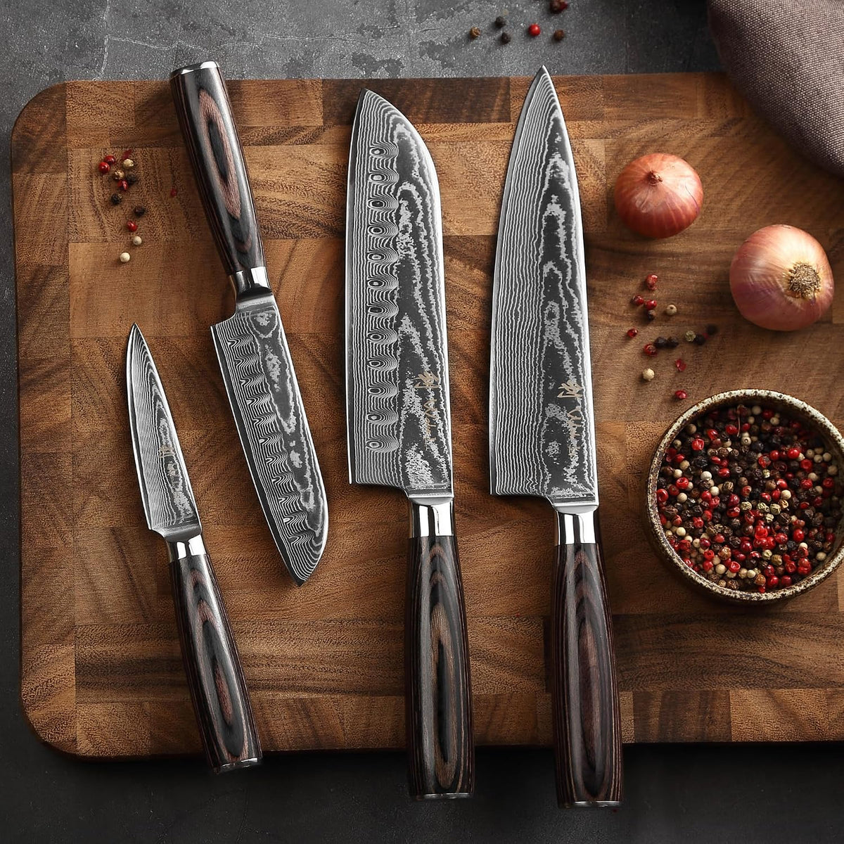 EDIB 4-Piece Damascus Kitchen Knife Set, Elegant Wooden Gift Box