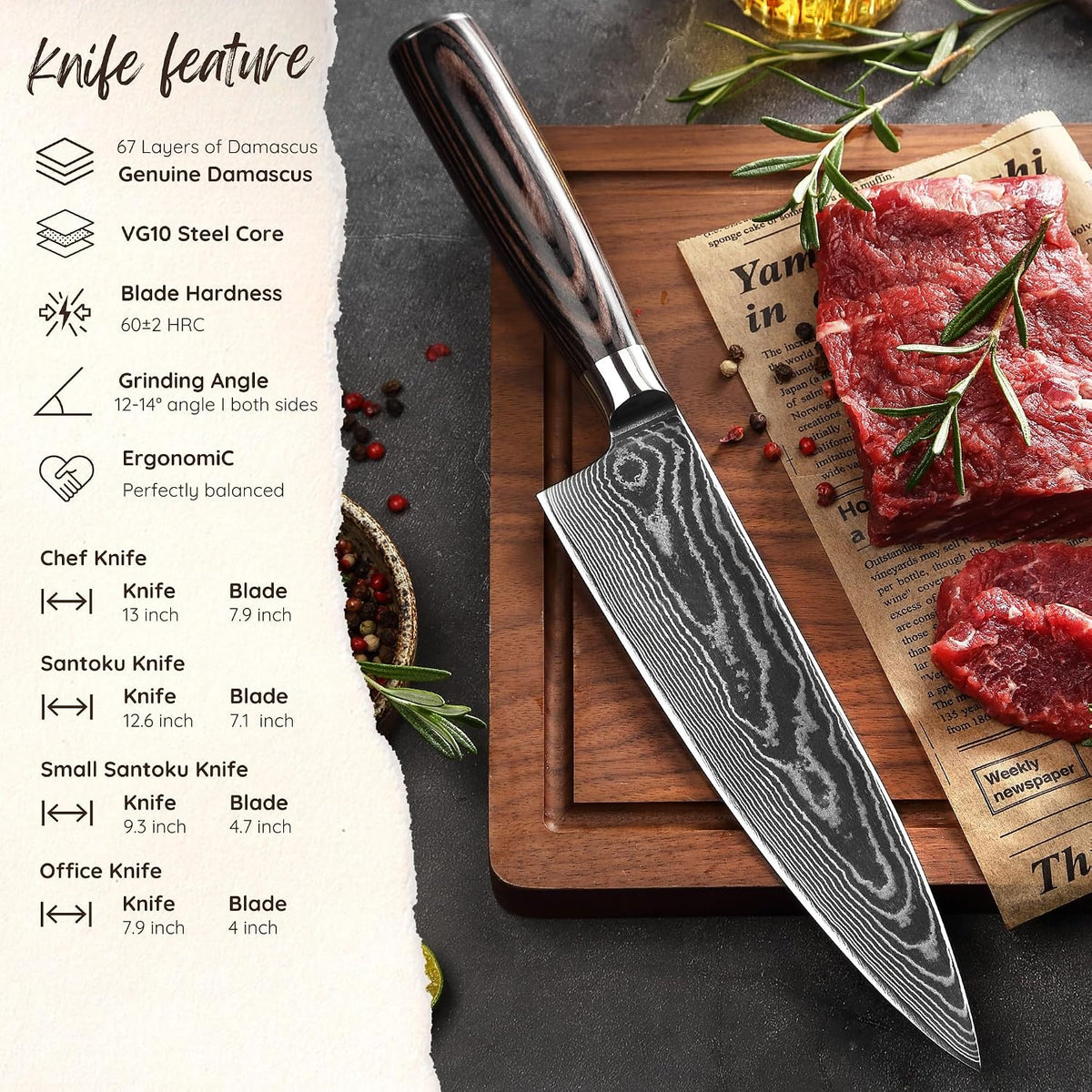 EDIB 4-Piece Damascus Kitchen Knife Set, Elegant Wooden Gift Box