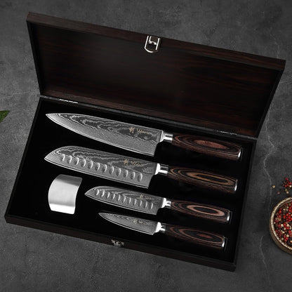 EDIB 4-Piece Damascus Kitchen Knife Set, Elegant Wooden Gift Box