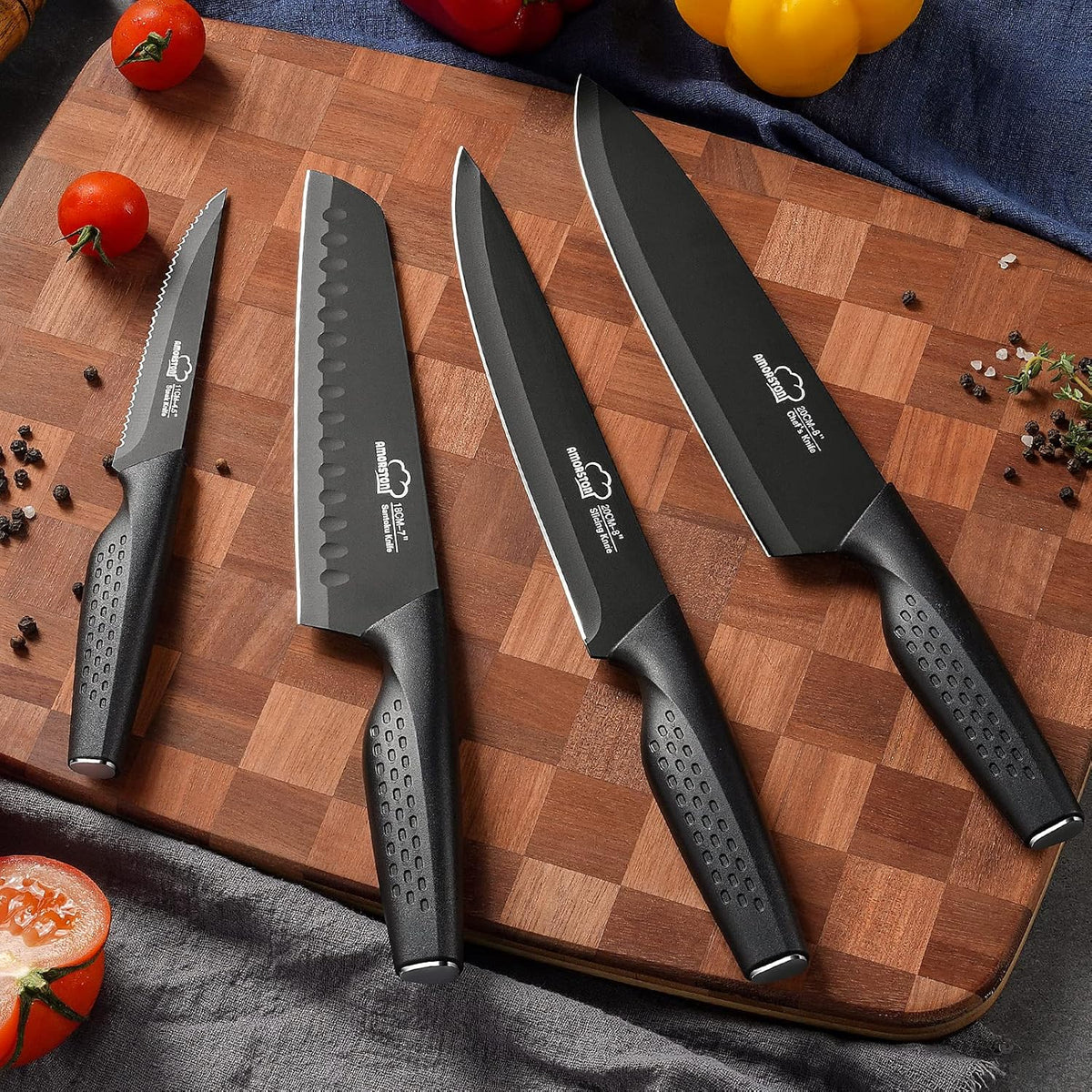 Knife Set, 15 Pieces Kitchen Knife Set with Block Built in Sharpener, Dishwasher Safe, German Stainless Steel Knife Block Set, Elegant Black