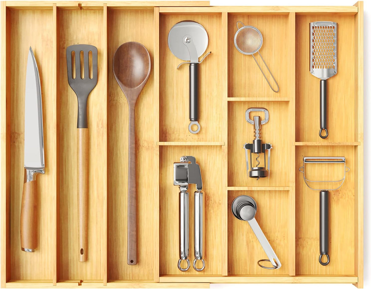 Bamboo Utensil Drawer Organizer with Labels, Kitchen Silverware Expandable Tray Holder Organizer for Flatware, Cutlery, Spoon and Knives Drawer Storage Organization (Natural)