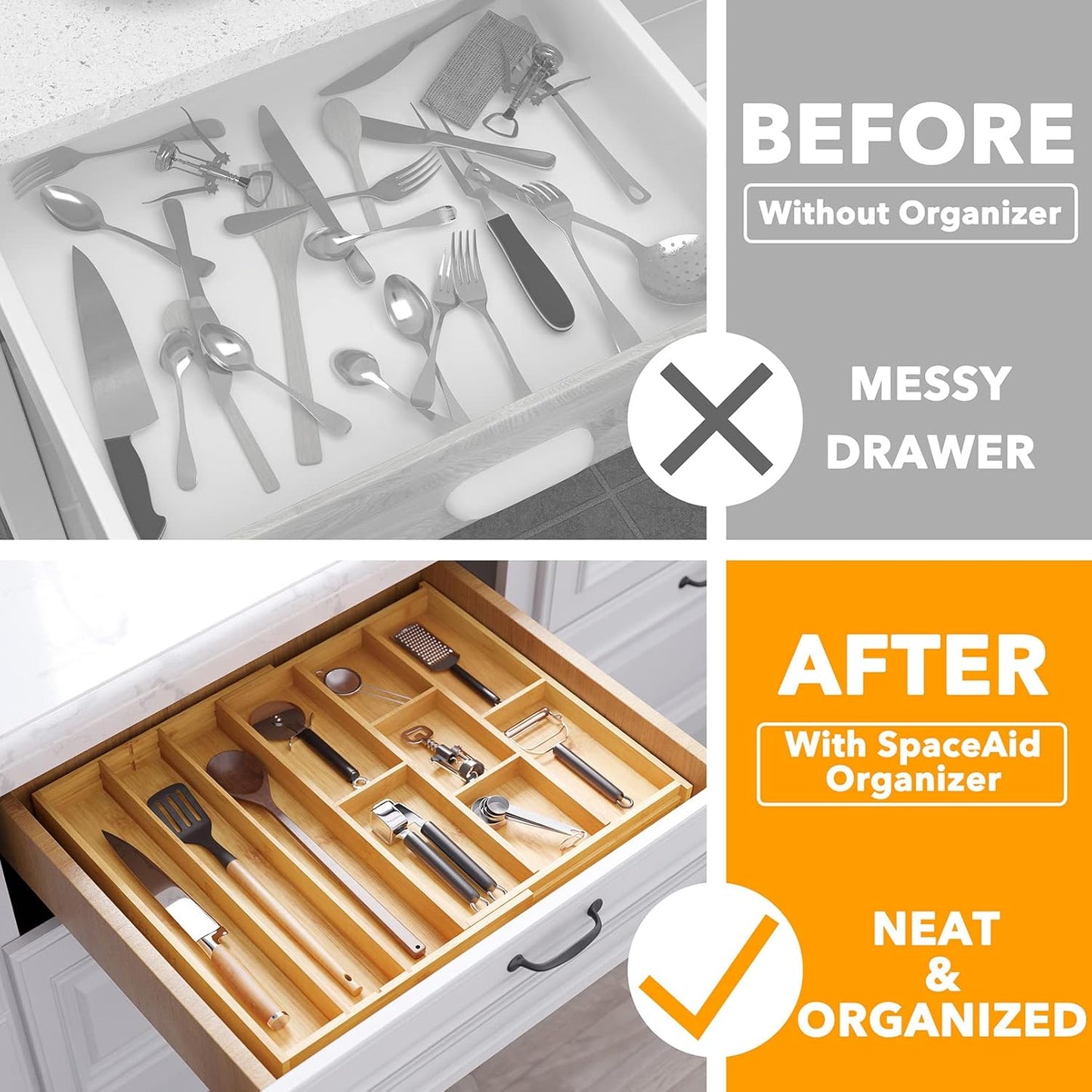 Bamboo Utensil Drawer Organizer with Labels, Kitchen Silverware Expandable Tray Holder Organizer for Flatware, Cutlery, Spoon and Knives Drawer Storage Organization (Natural)