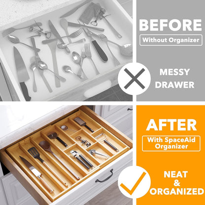 Bamboo Utensil Drawer Organizer with Labels, Kitchen Silverware Expandable Tray Holder Organizer for Flatware, Cutlery, Spoon and Knives Drawer Storage Organization (Natural)