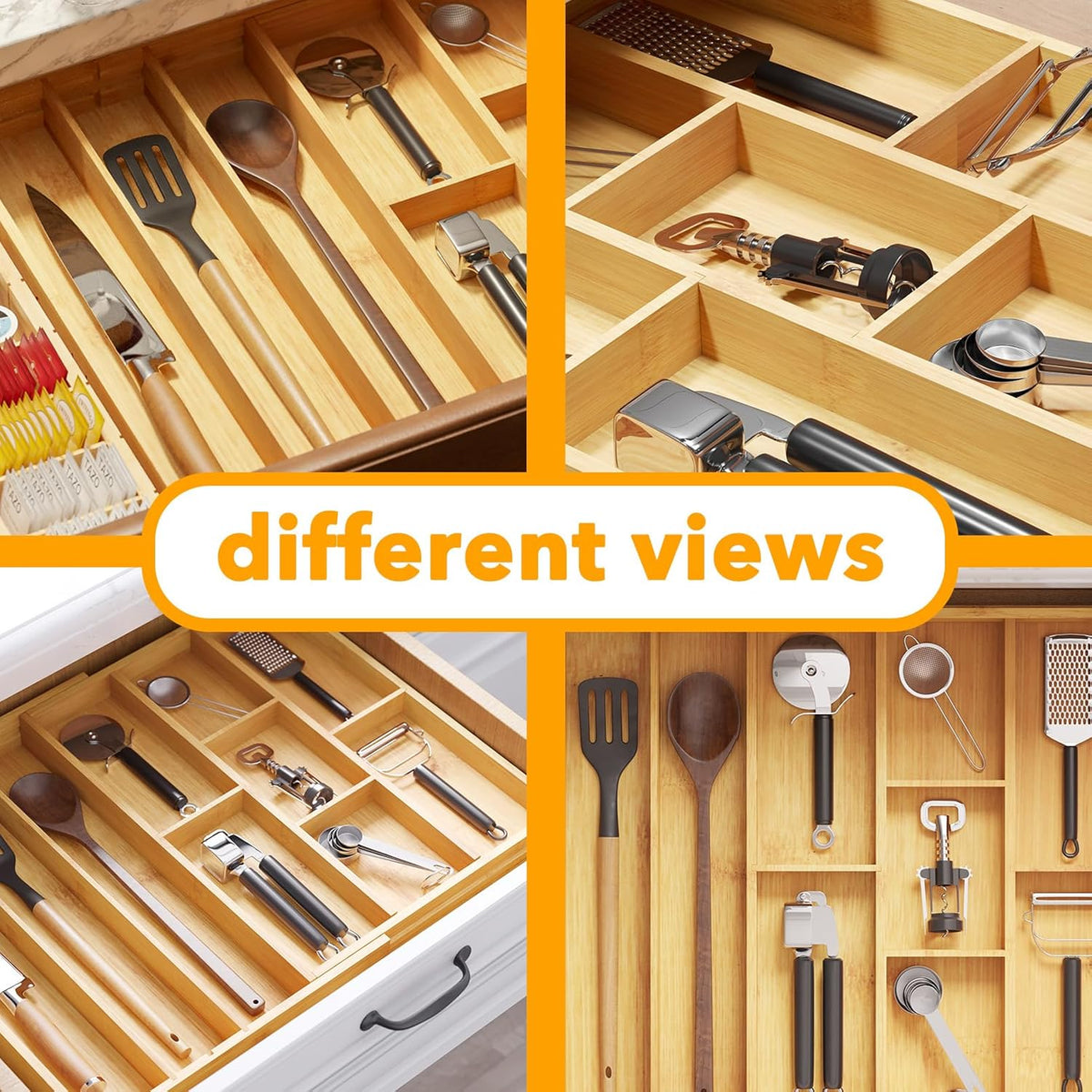 Bamboo Utensil Drawer Organizer with Labels, Kitchen Silverware Expandable Tray Holder Organizer for Flatware, Cutlery, Spoon and Knives Drawer Storage Organization (Natural)