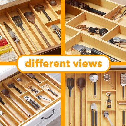 Bamboo Utensil Drawer Organizer with Labels, Kitchen Silverware Expandable Tray Holder Organizer for Flatware, Cutlery, Spoon and Knives Drawer Storage Organization (Natural)