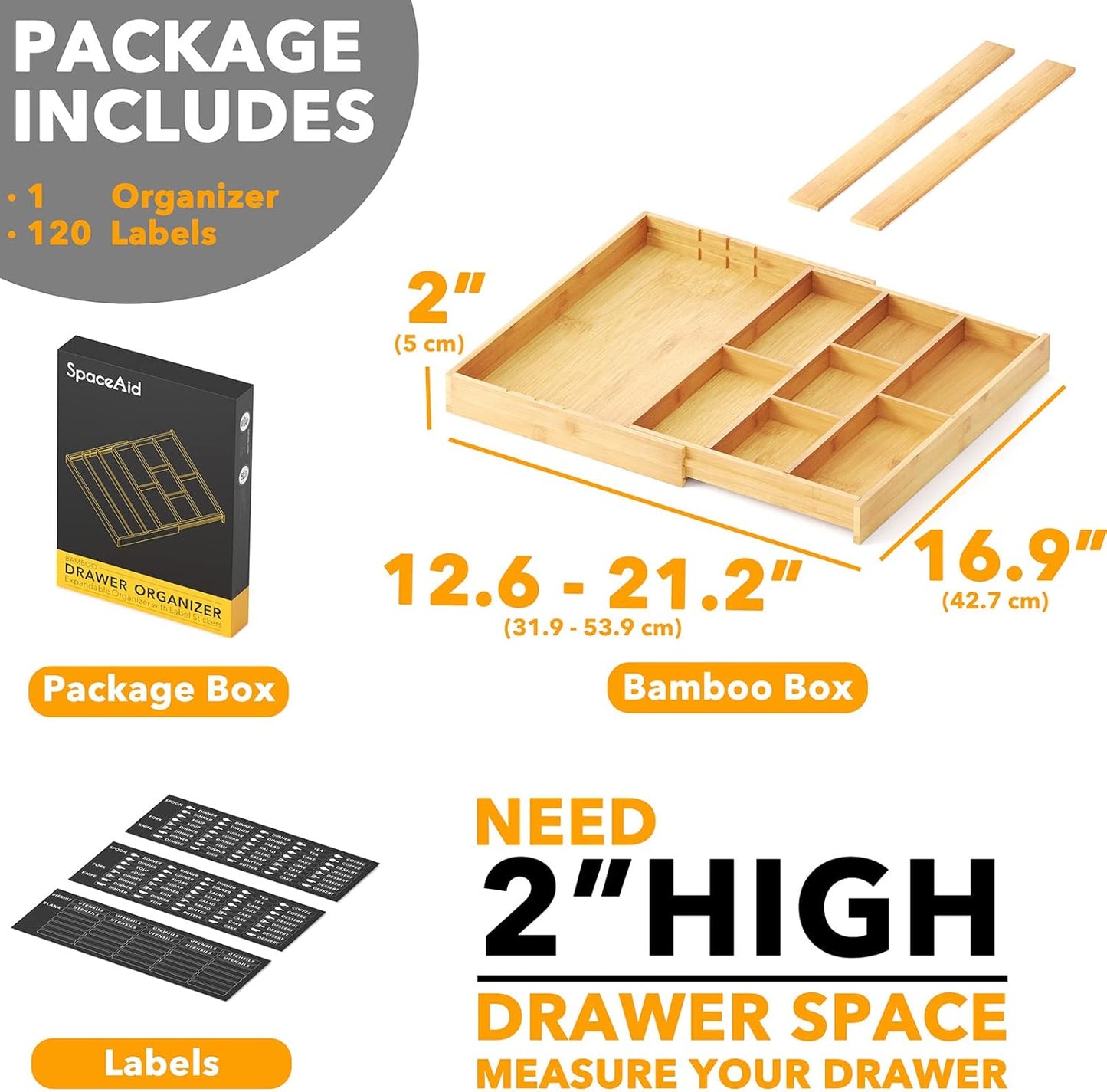 Bamboo Utensil Drawer Organizer with Labels, Kitchen Silverware Expandable Tray Holder Organizer for Flatware, Cutlery, Spoon and Knives Drawer Storage Organization (Natural)