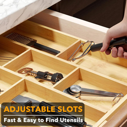 Bamboo Utensil Drawer Organizer with Labels, Kitchen Silverware Expandable Tray Holder Organizer for Flatware, Cutlery, Spoon and Knives Drawer Storage Organization (Natural)