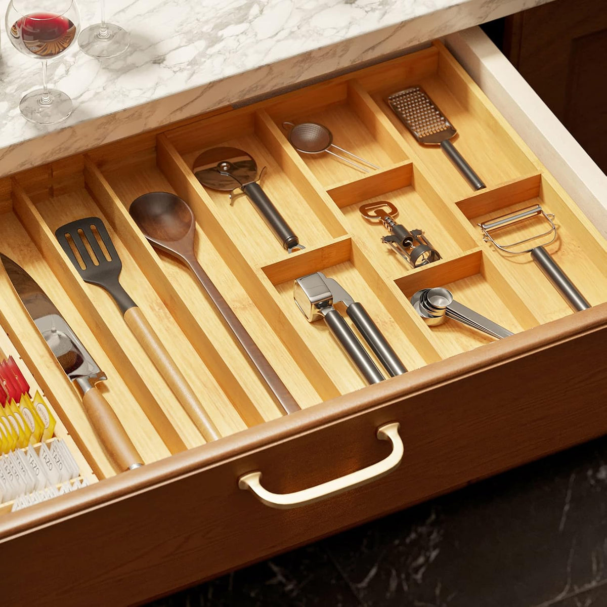 Bamboo Utensil Drawer Organizer with Labels, Kitchen Silverware Expandable Tray Holder Organizer for Flatware, Cutlery, Spoon and Knives Drawer Storage Organization (Natural)