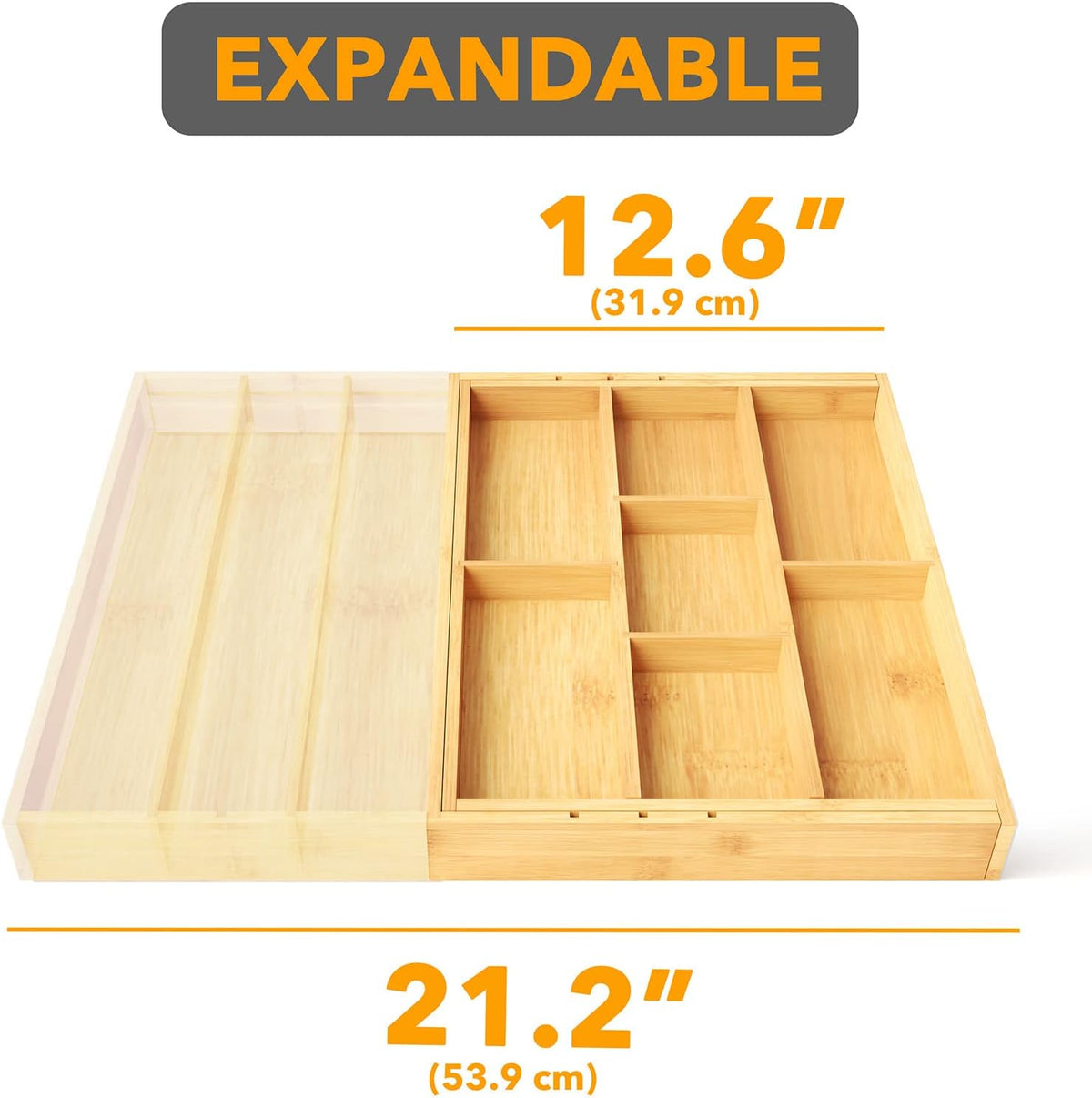 Bamboo Utensil Drawer Organizer with Labels, Kitchen Silverware Expandable Tray Holder Organizer for Flatware, Cutlery, Spoon and Knives Drawer Storage Organization (Natural)