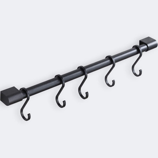 Kitchen Rail with Hooks, Pan and Pot Hangers for Kitchen Wall Mount, Kitchen Utensil Rack with Removable S Hook, Aluminum (17.3inch_Black_5Hooks)