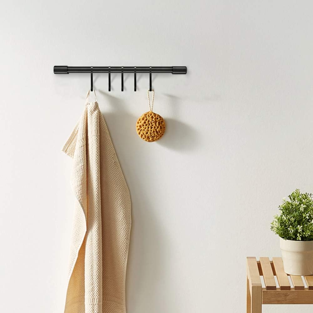 Kitchen Rail with Hooks, Pan and Pot Hangers for Kitchen Wall Mount, Kitchen Utensil Rack with Removable S Hook, Aluminum (17.3inch_Black_5Hooks)