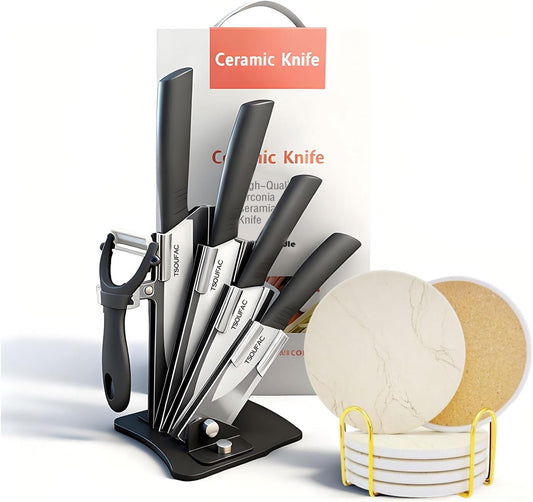 Ceramic knife Set with Block and marble coasters set of 6, knives set for kitchen, knife set with block/covers, Ceramic Coasters, cuisine knife set, drink coaster absorbent-Ideal for Kitchen, Gifts