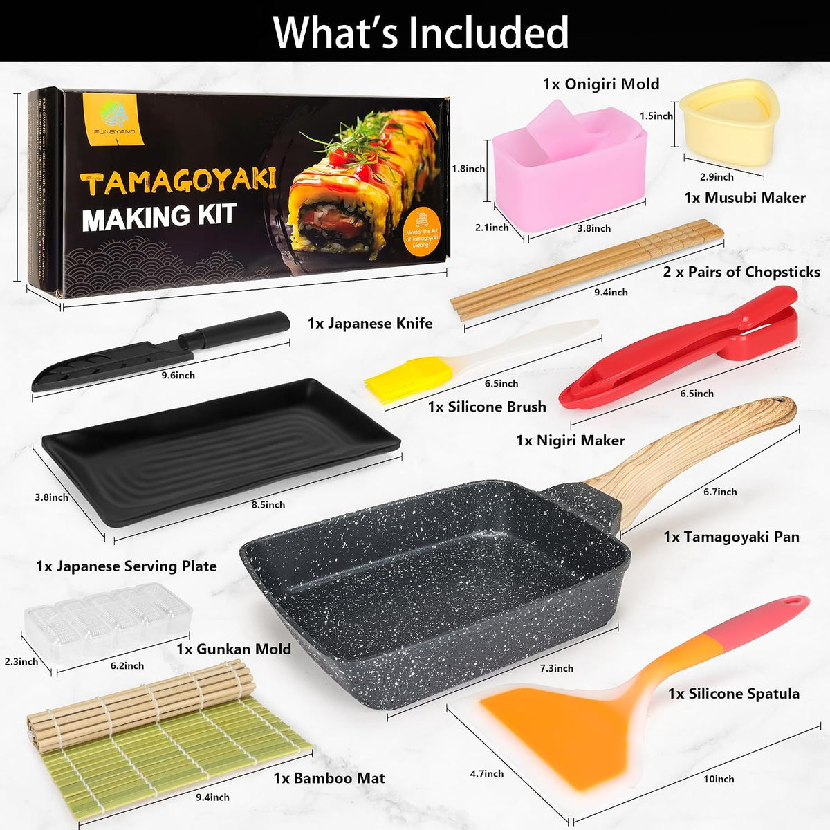 Tamagoyaki Pan Set, 12-in-1 Japanese Omelette Pan, 5x7 Inches | with Spatula, Bamboo Mat, Knife, Sushi Accessories, Deluxe Cookware