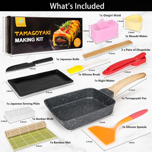 Tamagoyaki Pan Set, 12-in-1 Japanese Omelette Pan, 5x7 Inches | with Spatula, Bamboo Mat, Knife, Sushi Accessories, Deluxe Cookware