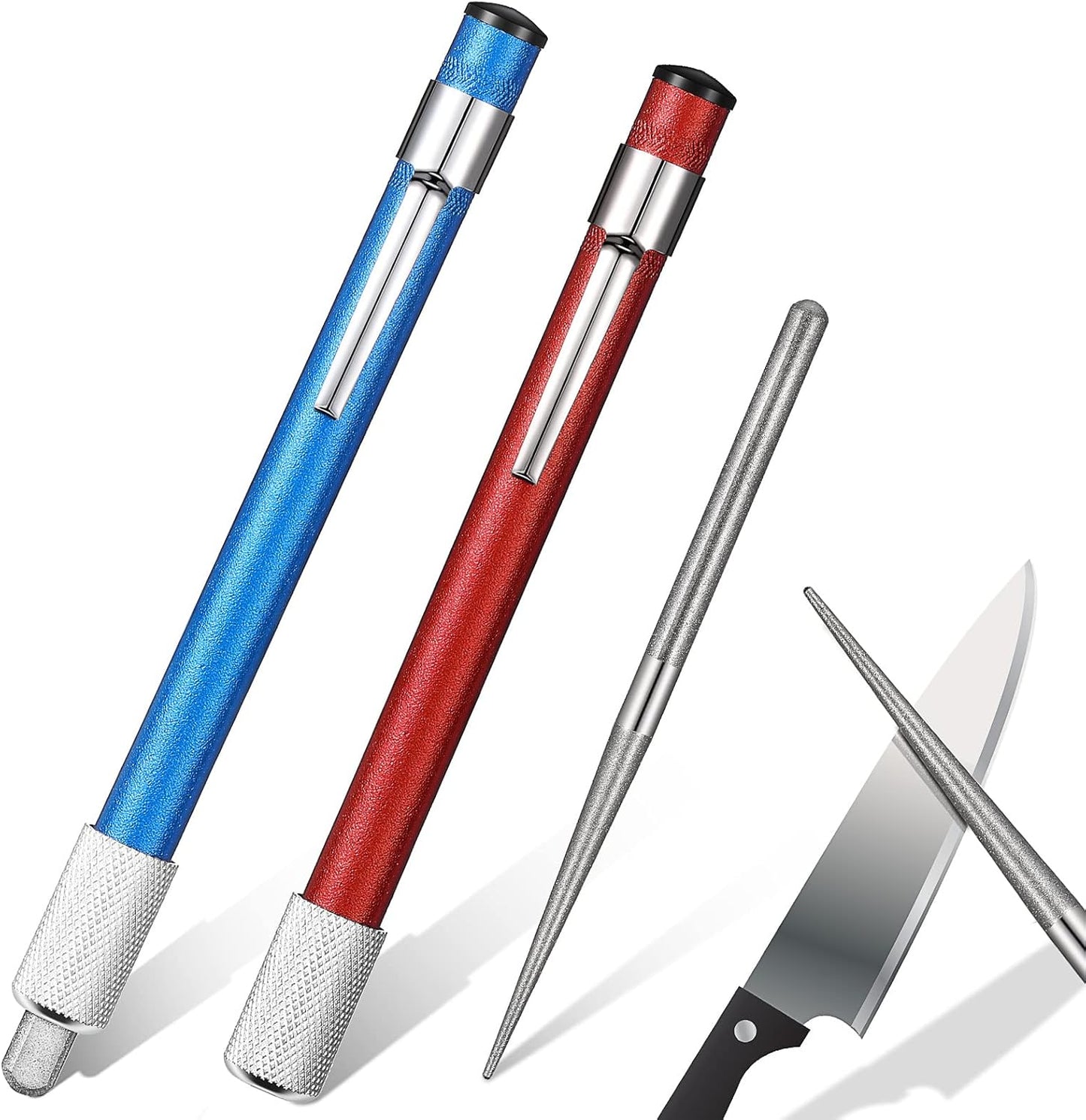 2 Pieces Diamond Retractable Knife Sharpener Steel Sharpening Rod for Kitchen Outdoor Serrated Stick Tools (Blue, Silver)