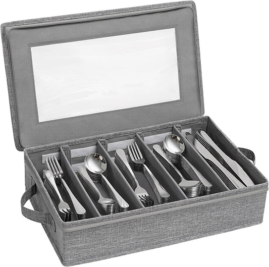 Silverware Storage Box, Covered Flatware Organizer with Zipper Lid, 5 Compartment Cutlery Case with Adjustable Divider and Handle, Utensil Container for Spoon Fork Knives, 1 Pack