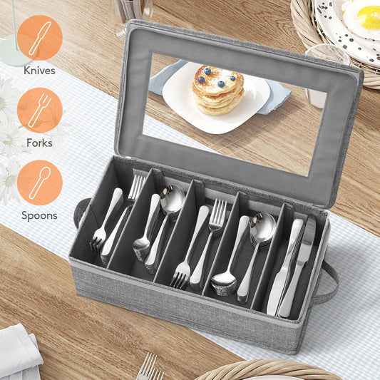Silverware Storage Box, Covered Flatware Organizer with Zipper Lid, 5 Compartment Cutlery Case with Adjustable Divider and Handle, Utensil Container for Spoon Fork Knives, 1 Pack