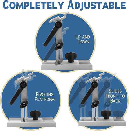 Adjustable Replacement Tool Rest Sharpening Jig for 6 inch or 8 inch Bench Grinders and Sanders •Includes a Pivoting Miter Slide and Flat Miter Slide for Easy Tool Honing