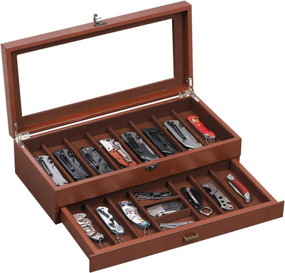 2-Tier PU Leather & Velvet Knife Organizer with 17 Slots,Transparent Glass Top & Drawer,Compact Storage for Pocket Knives,Perfect for Men's Collections & Gifts,Coffee,MKAW012