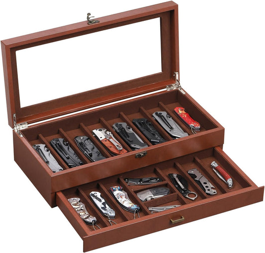 2-Tier PU Leather & Velvet Knife Organizer with 17 Slots,Transparent Glass Top & Drawer,Compact Storage for Pocket Knives,Perfect for Men's Collections & Gifts,Coffee,MKAW012