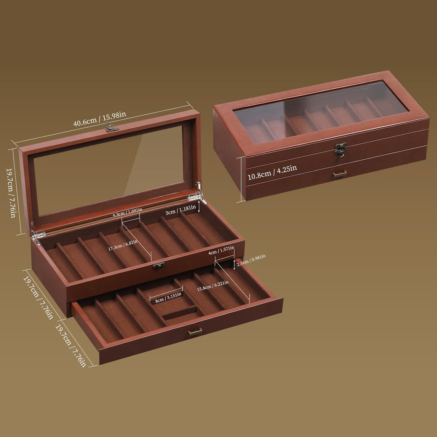 2-Tier PU Leather & Velvet Knife Organizer with 17 Slots,Transparent Glass Top & Drawer,Compact Storage for Pocket Knives,Perfect for Men's Collections & Gifts,Coffee,MKAW012