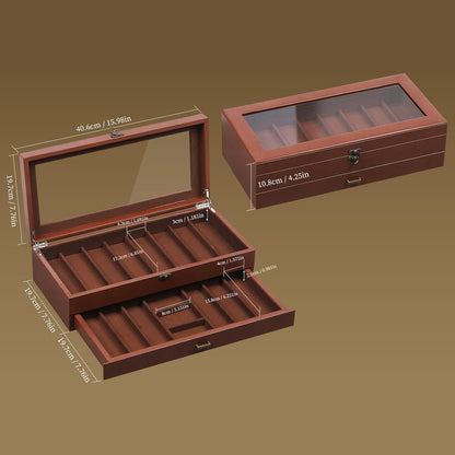 2-Tier PU Leather & Velvet Knife Organizer with 17 Slots,Transparent Glass Top & Drawer,Compact Storage for Pocket Knives,Perfect for Men's Collections & Gifts,Coffee,MKAW012