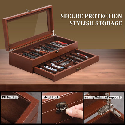 2-Tier PU Leather & Velvet Knife Organizer with 17 Slots,Transparent Glass Top & Drawer,Compact Storage for Pocket Knives,Perfect for Men's Collections & Gifts,Coffee,MKAW012