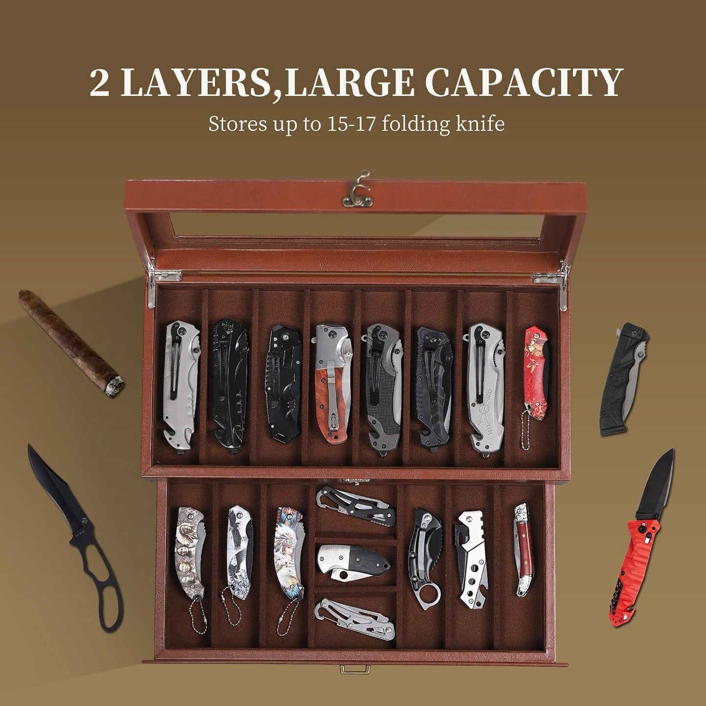 2-Tier PU Leather & Velvet Knife Organizer with 17 Slots,Transparent Glass Top & Drawer,Compact Storage for Pocket Knives,Perfect for Men's Collections & Gifts,Coffee,MKAW012