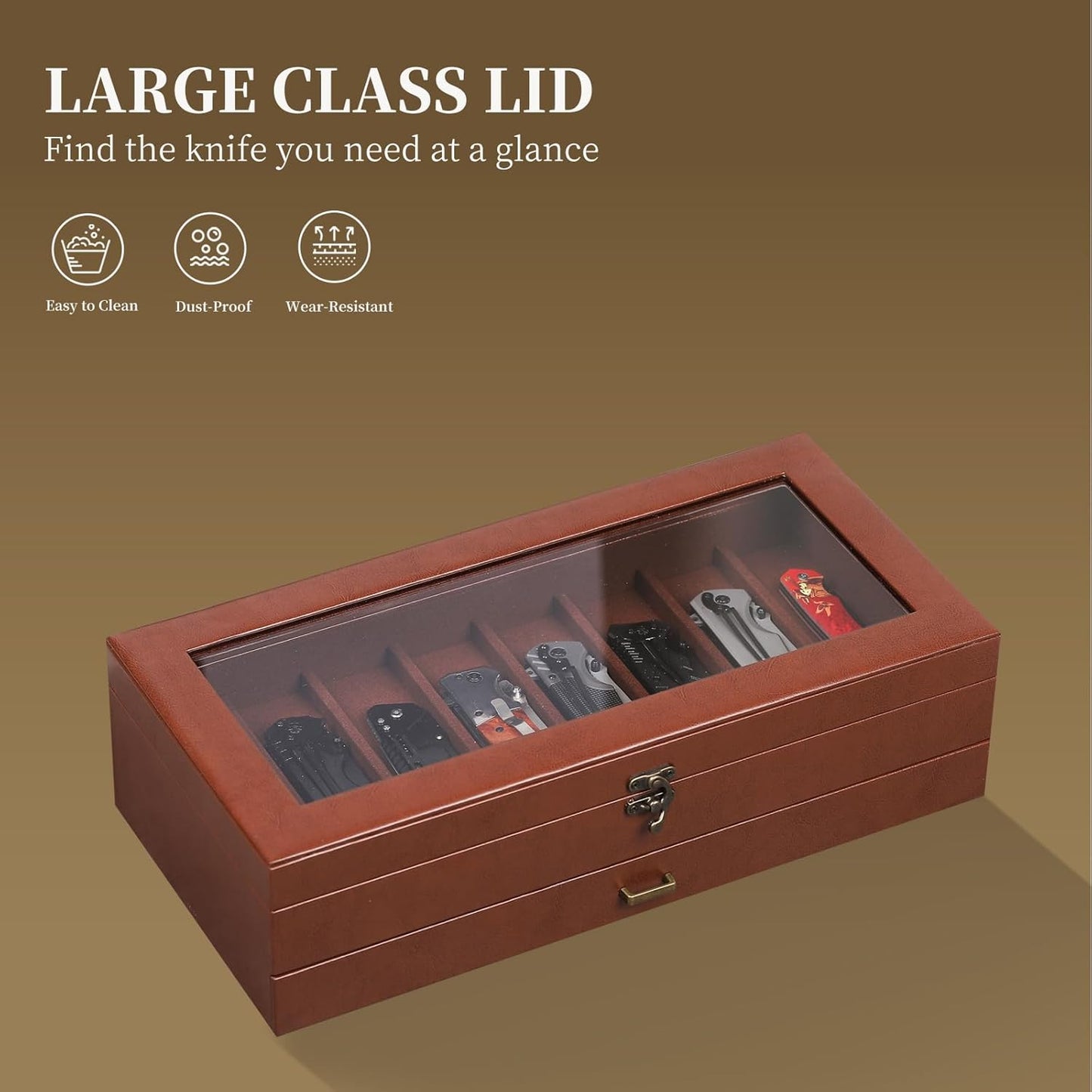 2-Tier PU Leather & Velvet Knife Organizer with 17 Slots,Transparent Glass Top & Drawer,Compact Storage for Pocket Knives,Perfect for Men's Collections & Gifts,Coffee,MKAW012