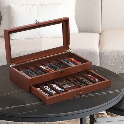 2-Tier PU Leather & Velvet Knife Organizer with 17 Slots,Transparent Glass Top & Drawer,Compact Storage for Pocket Knives,Perfect for Men's Collections & Gifts,Coffee,MKAW012