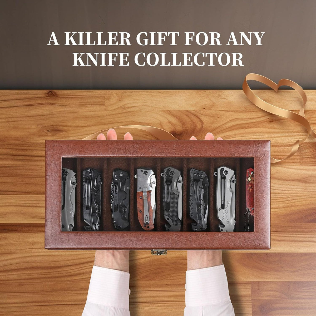 2-Tier PU Leather & Velvet Knife Organizer with 17 Slots,Transparent Glass Top & Drawer,Compact Storage for Pocket Knives,Perfect for Men's Collections & Gifts,Coffee,MKAW012