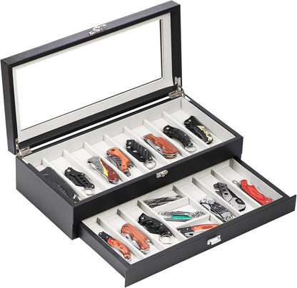 2-Tier PU Leather & Velvet Knife Organizer with 17 Slots,Transparent Glass Top & Drawer,Compact Storage for Pocket Knives,Perfect for Men's Collections & Gifts,Coffee,MKAW012