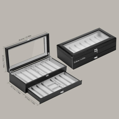 2-Tier PU Leather & Velvet Knife Organizer with 17 Slots,Transparent Glass Top & Drawer,Compact Storage for Pocket Knives,Perfect for Men's Collections & Gifts,Coffee,MKAW012