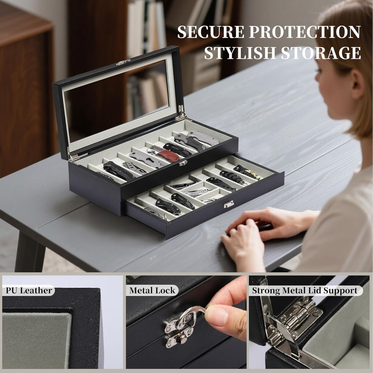 2-Tier PU Leather & Velvet Knife Organizer with 17 Slots,Transparent Glass Top & Drawer,Compact Storage for Pocket Knives,Perfect for Men's Collections & Gifts,Coffee,MKAW012