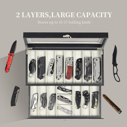 2-Tier PU Leather & Velvet Knife Organizer with 17 Slots,Transparent Glass Top & Drawer,Compact Storage for Pocket Knives,Perfect for Men's Collections & Gifts,Coffee,MKAW012