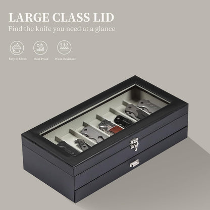 2-Tier PU Leather & Velvet Knife Organizer with 17 Slots,Transparent Glass Top & Drawer,Compact Storage for Pocket Knives,Perfect for Men's Collections & Gifts,Coffee,MKAW012