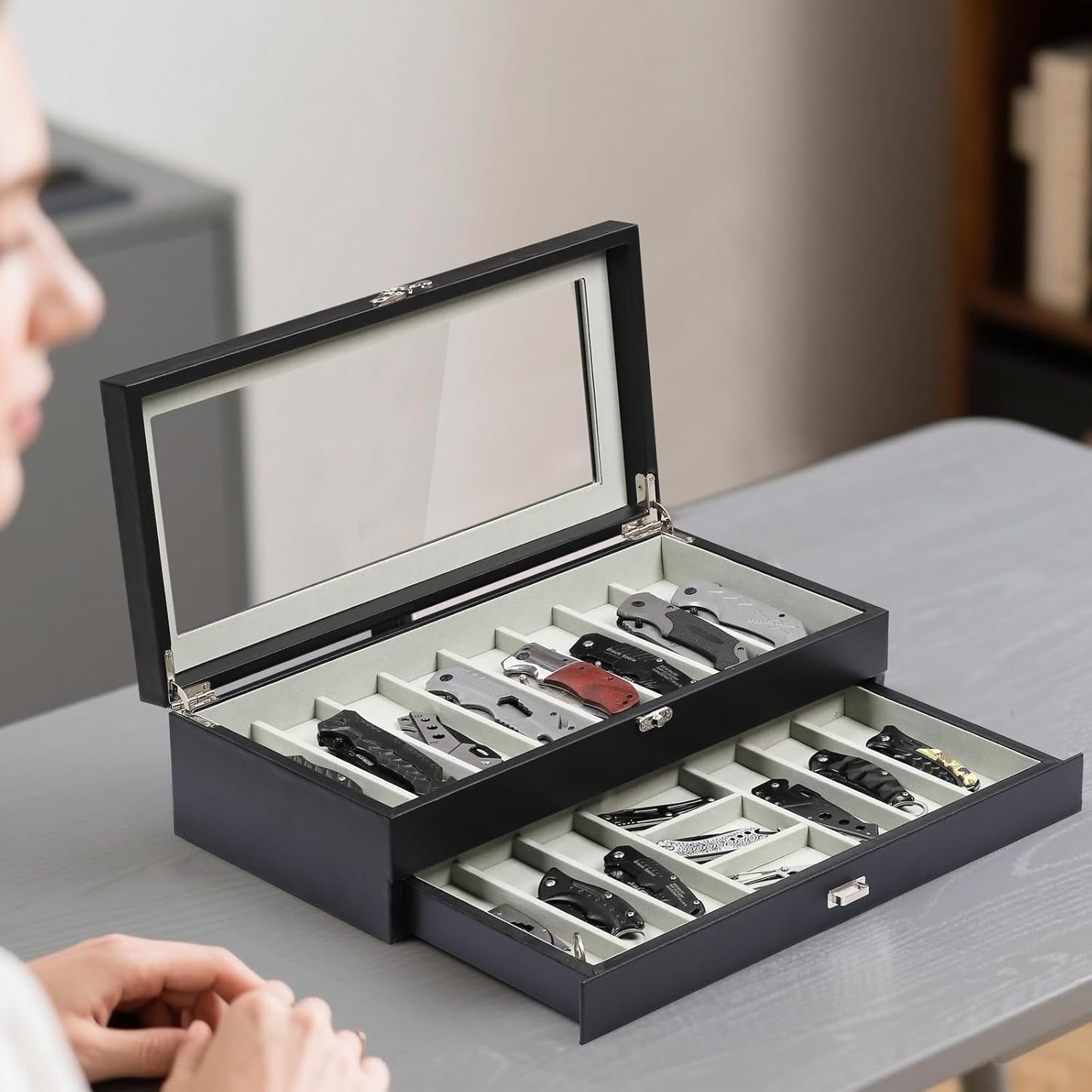 2-Tier PU Leather & Velvet Knife Organizer with 17 Slots,Transparent Glass Top & Drawer,Compact Storage for Pocket Knives,Perfect for Men's Collections & Gifts,Coffee,MKAW012