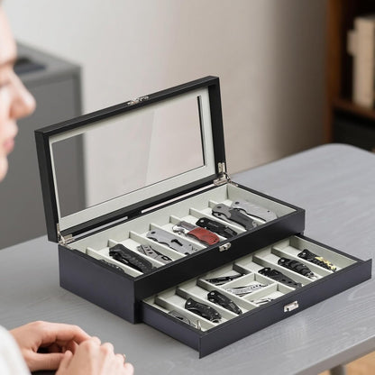 2-Tier PU Leather & Velvet Knife Organizer with 17 Slots,Transparent Glass Top & Drawer,Compact Storage for Pocket Knives,Perfect for Men's Collections & Gifts,Coffee,MKAW012