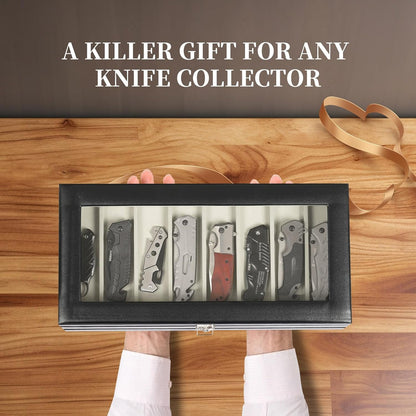 2-Tier PU Leather & Velvet Knife Organizer with 17 Slots,Transparent Glass Top & Drawer,Compact Storage for Pocket Knives,Perfect for Men's Collections & Gifts,Coffee,MKAW012
