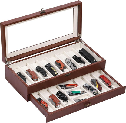 2-Tier PU Leather & Velvet Knife Organizer with 17 Slots,Transparent Glass Top & Drawer,Compact Storage for Pocket Knives,Perfect for Men's Collections & Gifts,Coffee,MKAW012
