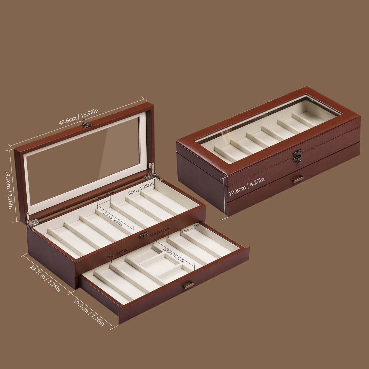 2-Tier PU Leather & Velvet Knife Organizer with 17 Slots,Transparent Glass Top & Drawer,Compact Storage for Pocket Knives,Perfect for Men's Collections & Gifts,Coffee,MKAW012