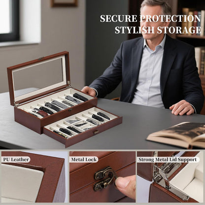 2-Tier PU Leather & Velvet Knife Organizer with 17 Slots,Transparent Glass Top & Drawer,Compact Storage for Pocket Knives,Perfect for Men's Collections & Gifts,Coffee,MKAW012