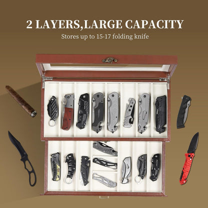 2-Tier PU Leather & Velvet Knife Organizer with 17 Slots,Transparent Glass Top & Drawer,Compact Storage for Pocket Knives,Perfect for Men's Collections & Gifts,Coffee,MKAW012
